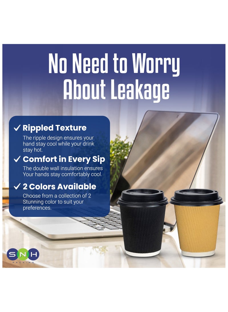 SNH Packing 12 Oz (Pack of 25) Black Ripple Disposable Cups With Lids - 3-Layered Corrugated Paper Cups - Disposable Coffee Cup for Hot & Cold Drinks - Perfect for Events & Parties - Image 5
